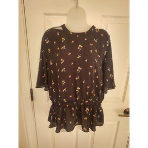 Belle Sky Blouse Black With Floral Print  Size Large